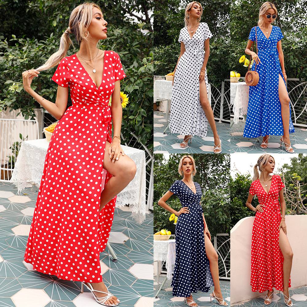 109365 Women's Cinched-Waist Short-Sleeved Polka-Dot Split Dress