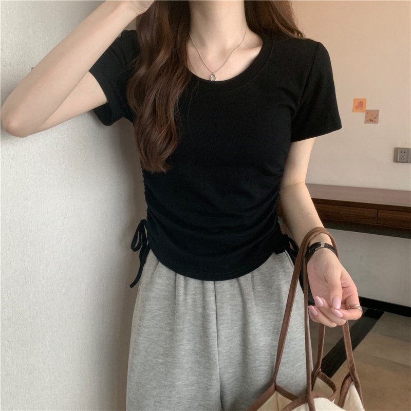420 Women's Loose Crewneck Drawstring Slim Short Sleeve T-shirt