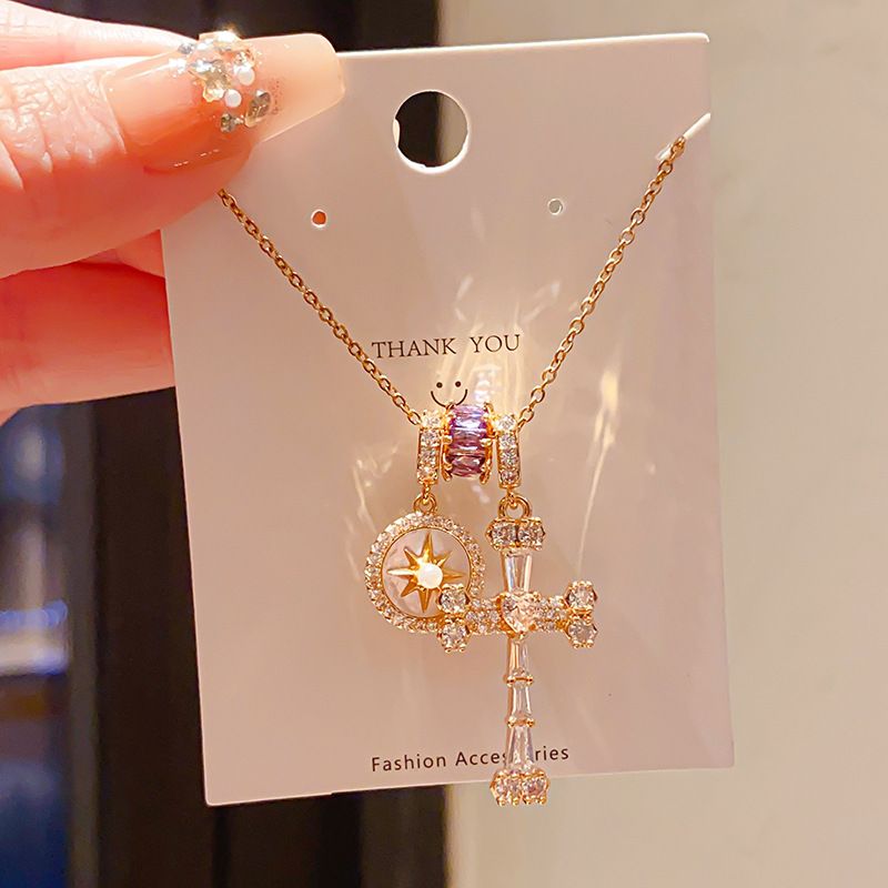 Stylish Round Shell Cross Necklace, Exquisite Zircon Inlaid 18K Gold Clavicle Chain, Luxury Unique Fashion Jewelry Gift for Ladies & Girls