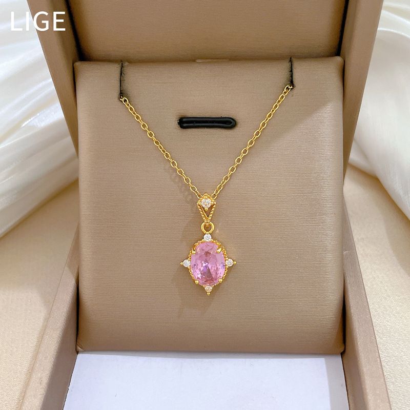 Women Titanium Steel Oval Pink Gem Pendant Clavicle Necklace, Vintage Micro‑Paved Zircon Border Charm Necklace, Elegant Luxury Fashion Neck Jewelry, Adjustable 40+5cm Chain, Versatile Daily Dating Banquet Accessory Gift for Ladies
