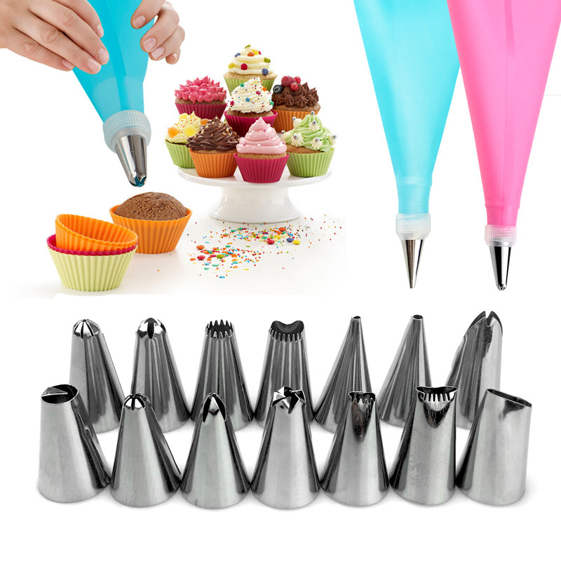 16PC/Set DIY Kitchen Baking Cake Decorating Tool Silicone Icing Piping Cream Pastry Bag Stainless Steel Nozzle Converter Tools