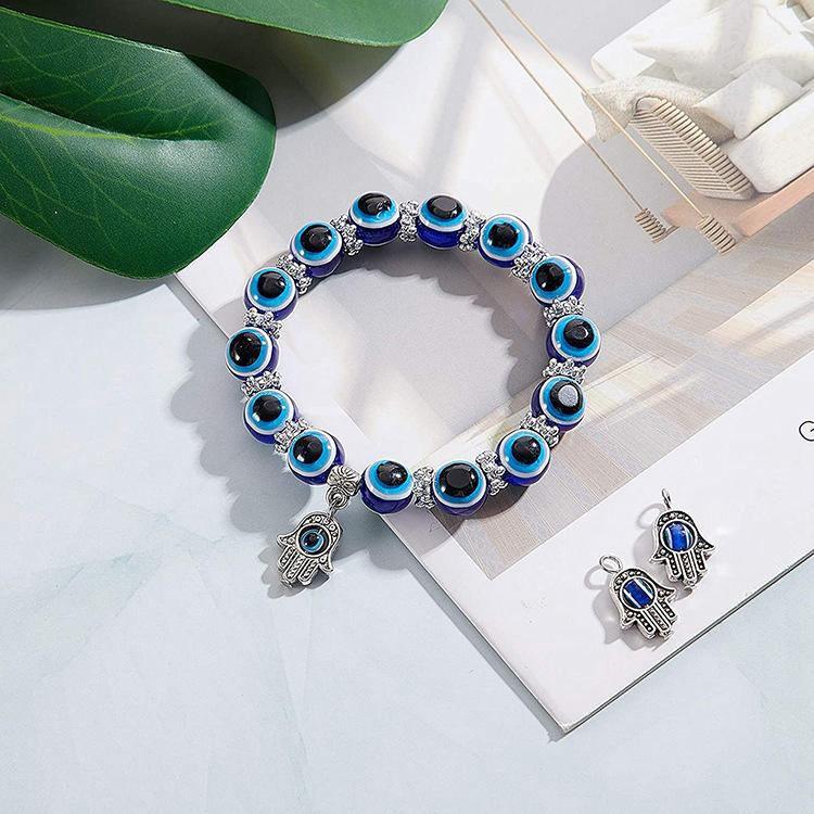 Huadeer Evil Eye Beaded Charm Bracelets Blue Eye Bead Hamsa Stretch Bracelet Hand of Fatima Turkish Lucky Bracelet for Women Men for Protection and Blessing