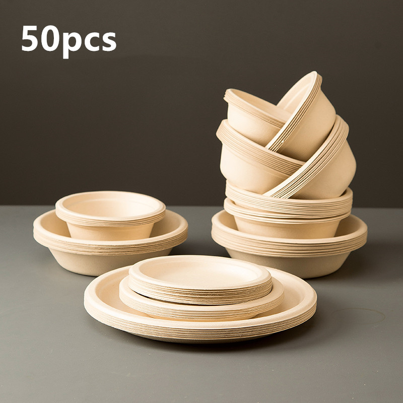 50pcs Degradable Disposable Plates Company Family Gathering Dinner Plate and Bowl Thickened Paper Tableware Kitchen Accessories