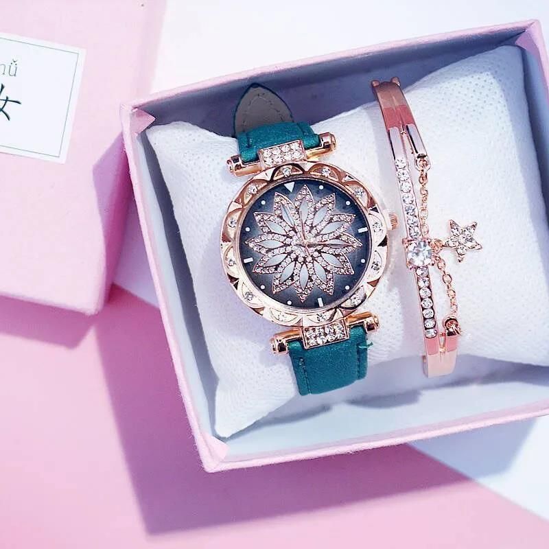 Luxury Diamond Women's Watch Crystal Watch Bracelet Set Women's Jewelry Casual Starry Sky Rose Gold Watch