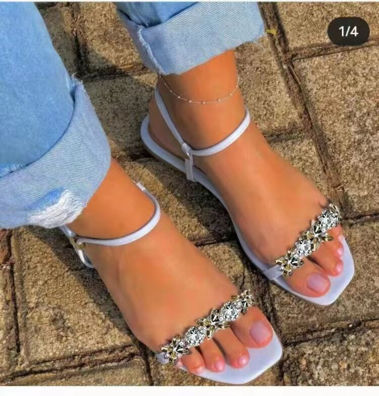 1323 Women's Cute Open Toes One Band with Rhinestones Beads Dercor Ankle Strap Flexible Summer Flat Sandals