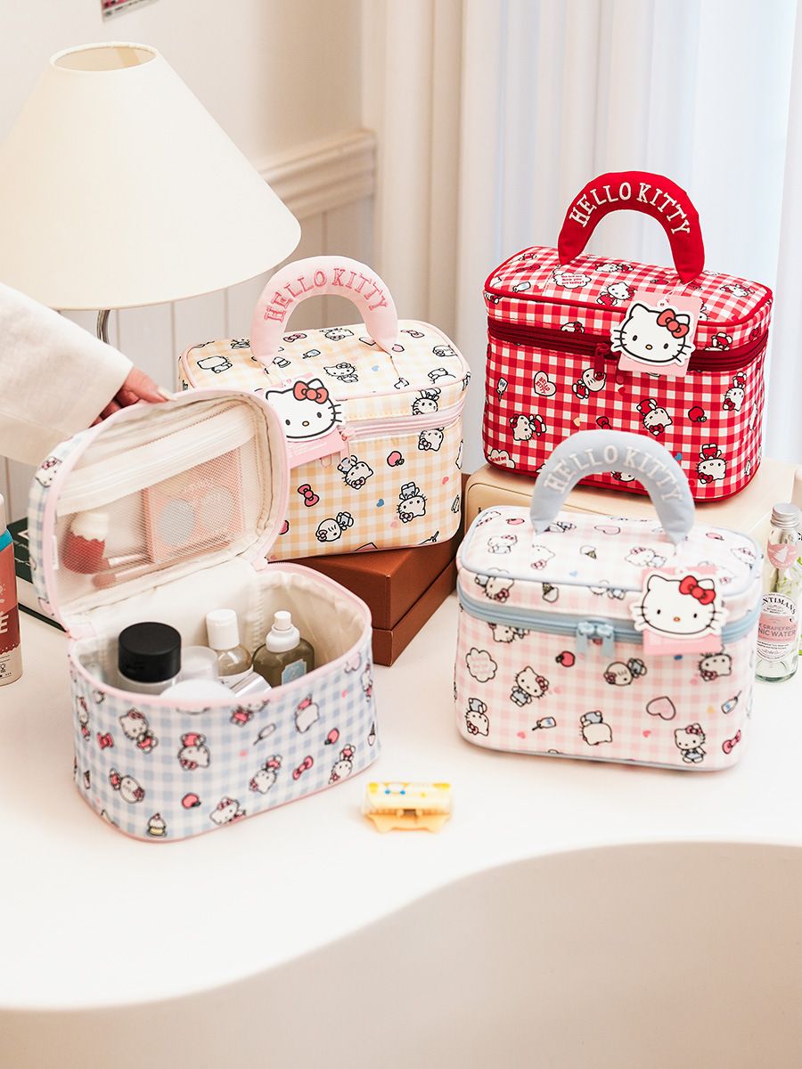 Hello Kitty Large Capacity Box-Type Cosmetic Bag, Cute Portable Travel Makeup Organizer with Handle for Girls
