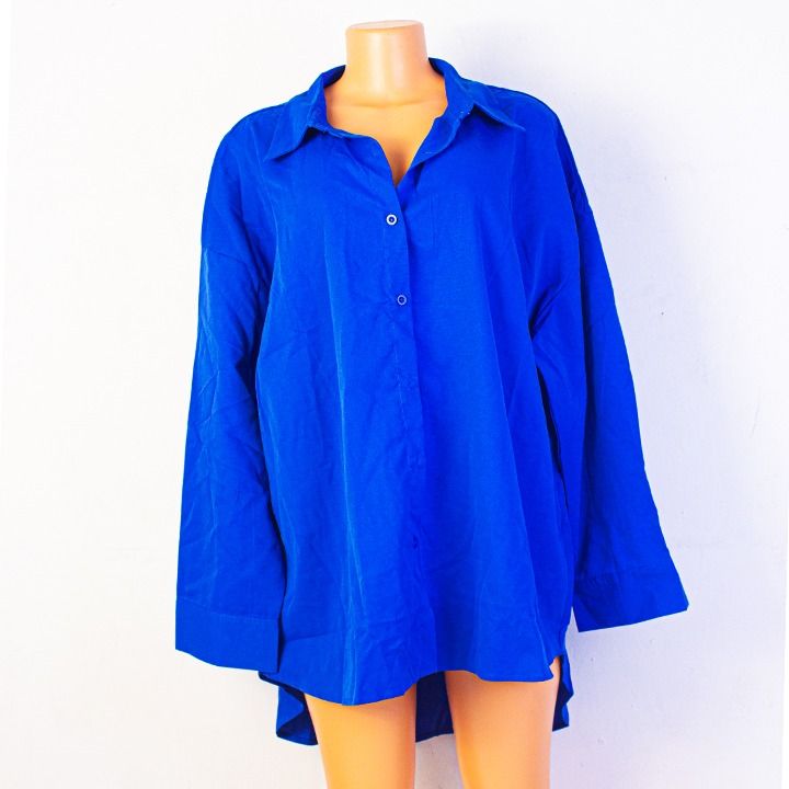 OEM Stylish 100% Cotton Oversized Batwing Balloon Sleeve Blue Blank Shirt Dress For Women