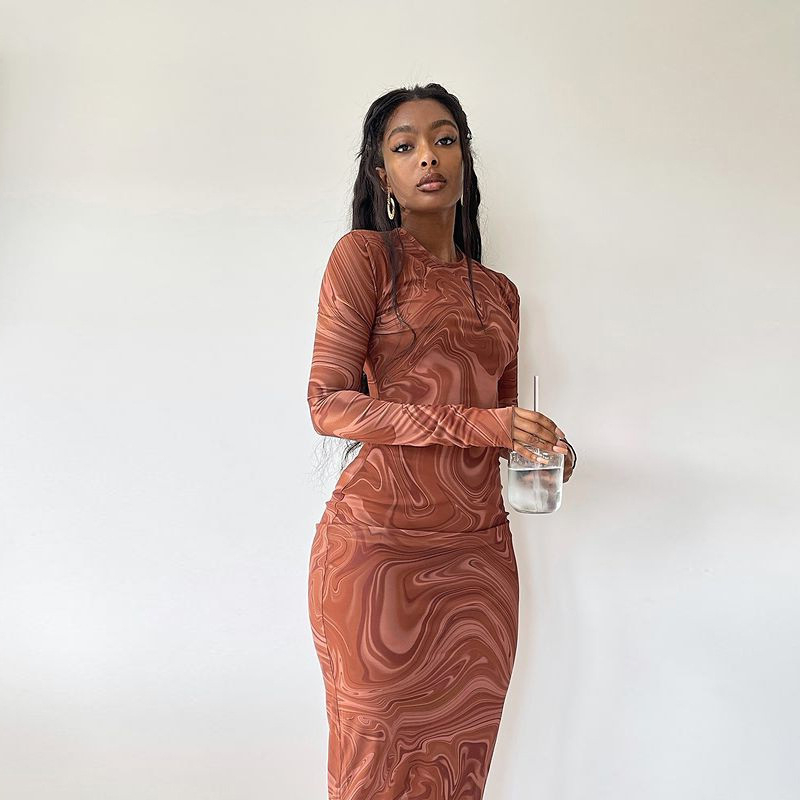 JD296806 Women's Vintage Tight Mid Length Dress Round Neck Long Sleeve Printed Wrapped Hip Skirt