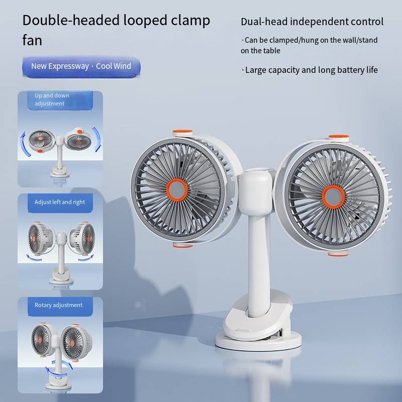 2026 New Dual Heads Air Circulator Fan, 3-in-1 Multifunctional Clip/Hang/Place, Strong Wind Quiet USB Rechargeable Mini Fan for Student Dormitory Office Desk Camping