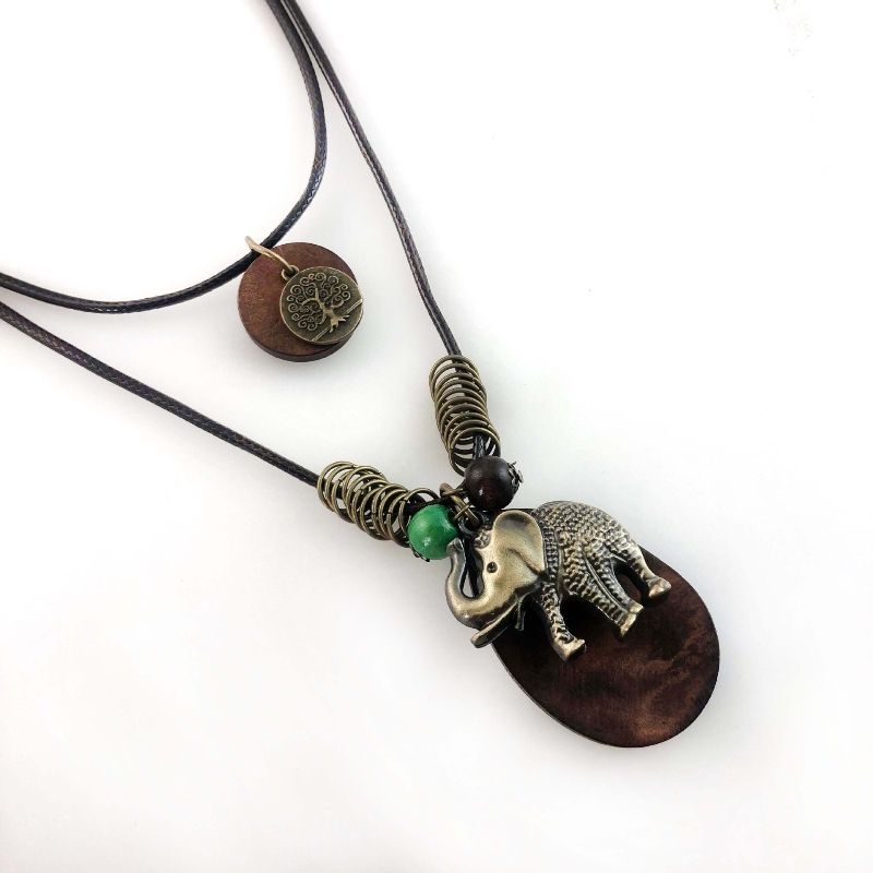 Necklace Cotton and linen wooden pendant long necklace, three-dimensional elephant pendant necklace free shipping