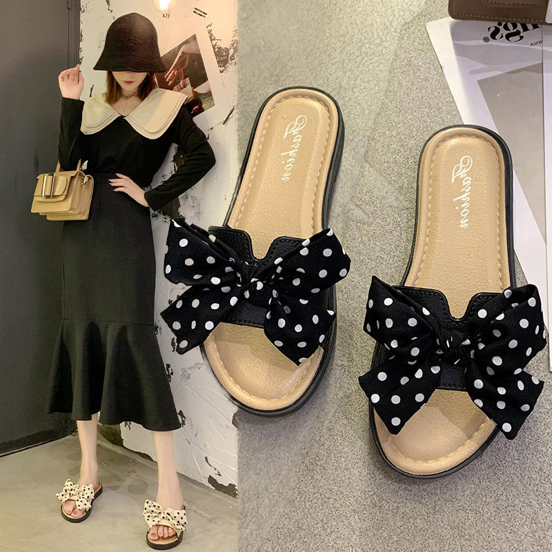 2125 Women's Open Toe Slide Slippers Sandals with Polka Dots Bow Flat Sandals Outdoor Beach Slippers