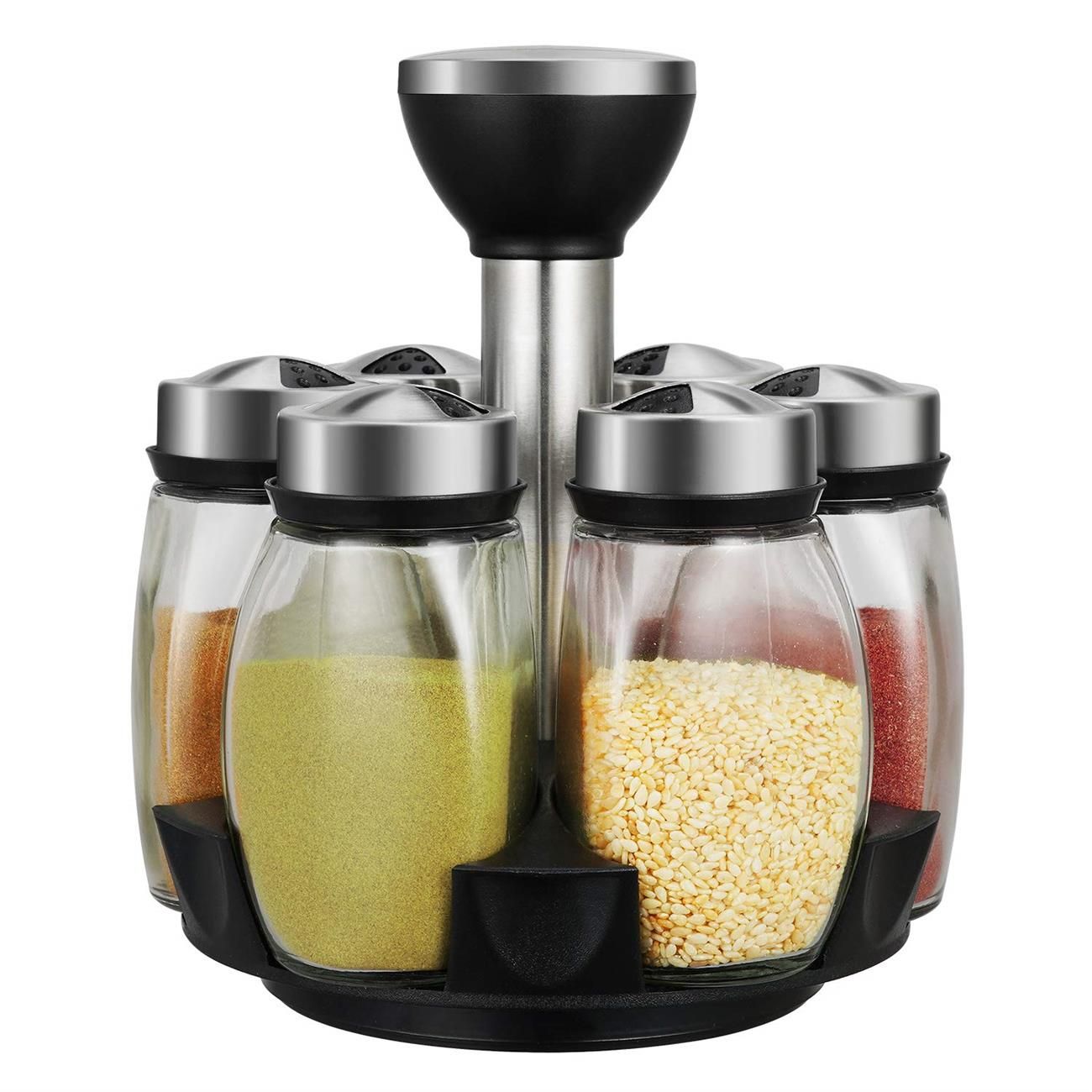 Rotating Spice Rack with 6 Glass Shakers & Silver Lids - 360 Stainless Steel Revolving Kitchen Countertop Organiser - Freestanding Carousel Herb, Spice & Seasoning Stand with Storage Jars