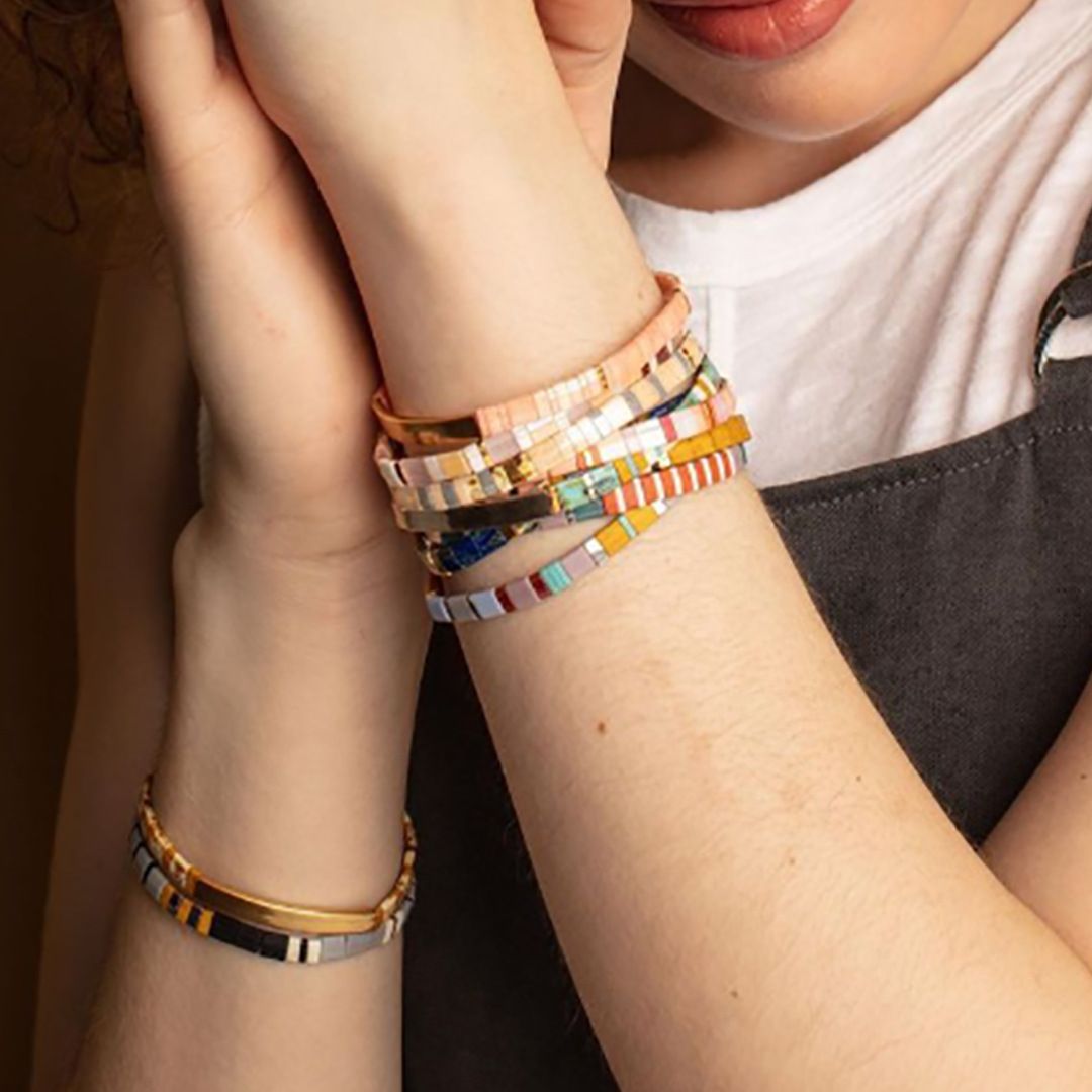Handmade Vintage Ethnic Style Bracelet, Premium Miyuki TILA Tile Bead Craft, Geometric Color Block Stackable Wrist Jewelry, Unisex Daily Wear Accessory, Lightweight 5g Comfortable Wear Design, Multiple Color Options Fashion Bangle For Daily Casual Matching, Versatile Stylish Layering Hand Ornament For Daily Outfit Decoration