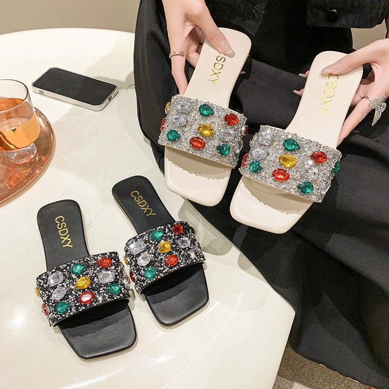 New color rhinestone flat slippers female Korean version one line flip-flops female F33