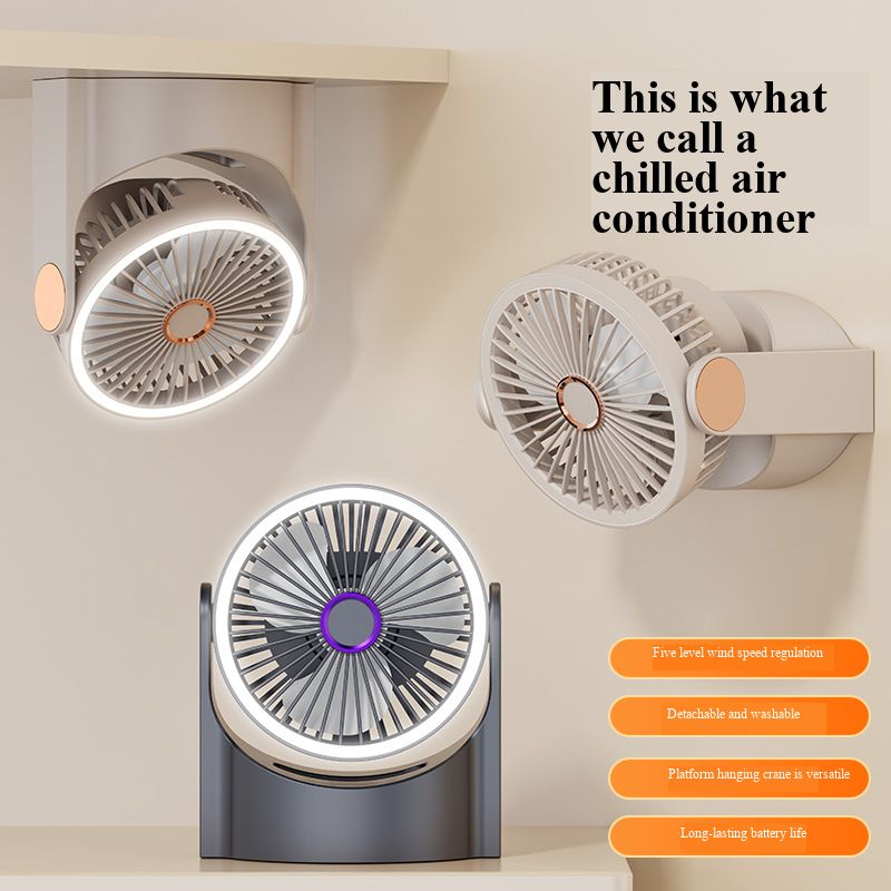 New USB Rechargeable Desktop Wall Mount Fan with LED Night Light, Portable Hanging Cooling Fan for Study Dorm Bedroom Camping Outdoor Travel Home Use