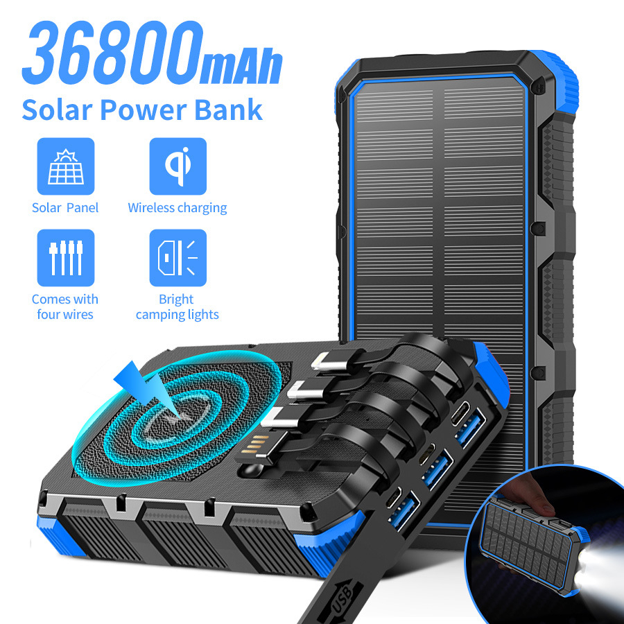 Solar Power Charging Bank Fast charging CRRshop free shipping hot sale Solar Wireless Charging Bank with Cable 36800 mA 5V/3A Fast Charging Mobile Power Supply popular portable battery