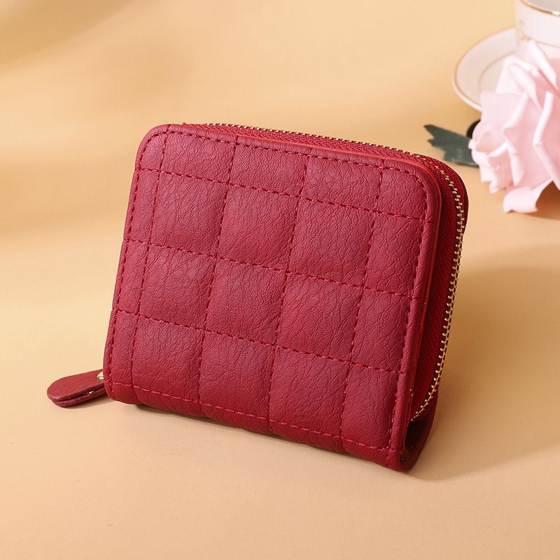 Women Short Wallets PU Leather Female Plaid Purses Nubuck Card Holder WalletRed