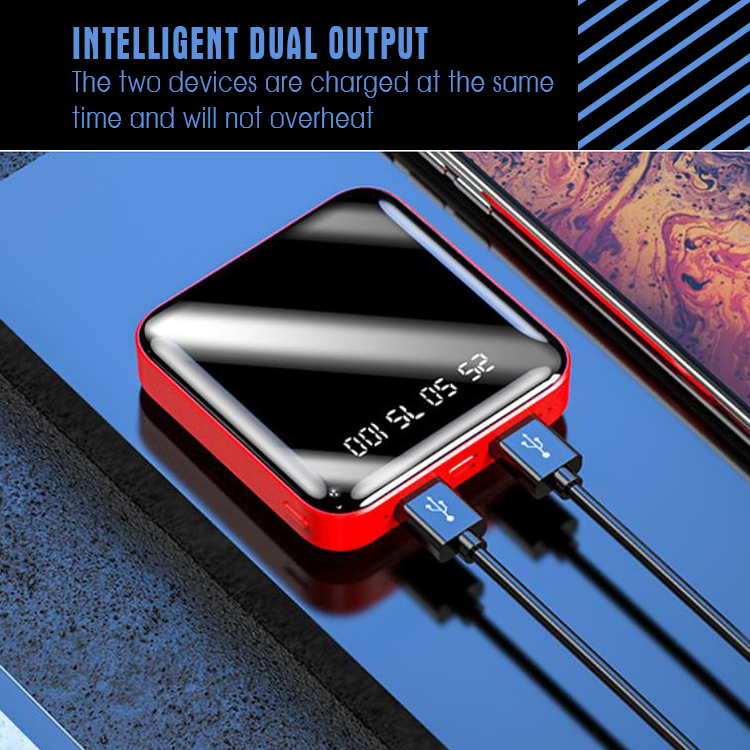 Multi Functional Portable Mobile Power Supply, Power Bank, High Speed Charging ( Square, full mirror screen, Flashlight + Dual USB, Integrated compression type high capacity battery pack) (Red / Blue)
