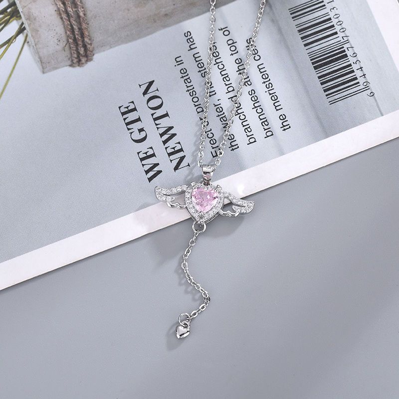 X153 Women Romantic Pink Crystal Angel Wings Heart Pendant Necklace Valentine's Day Jewelry