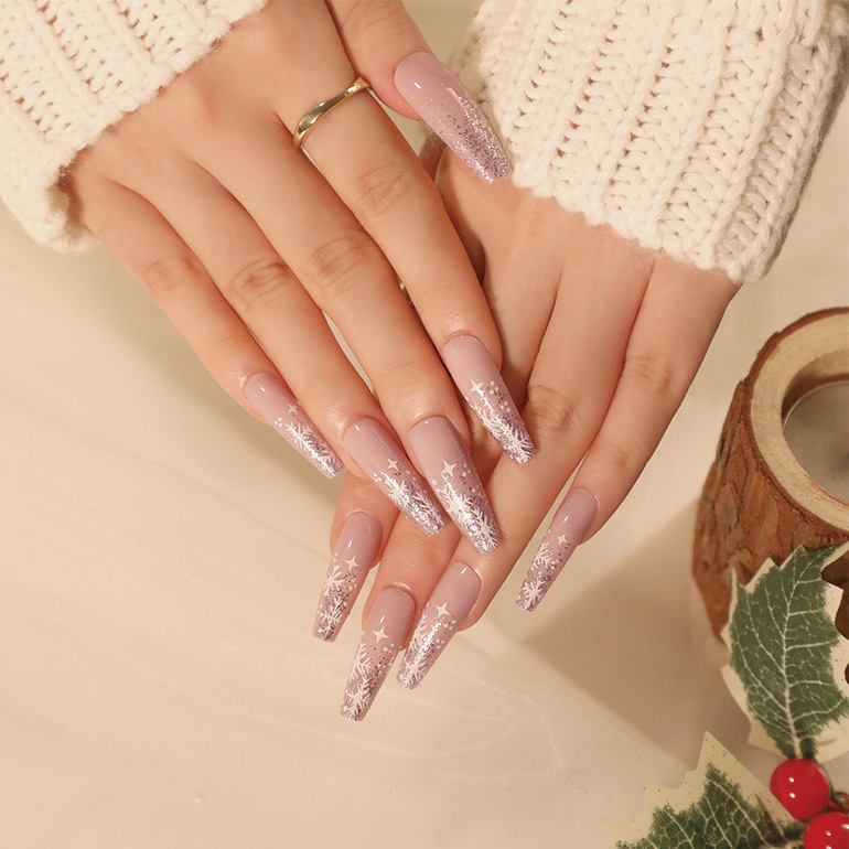 JP1903 24 Pcs Glossy Press on Nails, Super Long Coffin Christmas Snowflake Stars Prints Fake Nails, Full Cover Artificial False Nails for Women and Girls
