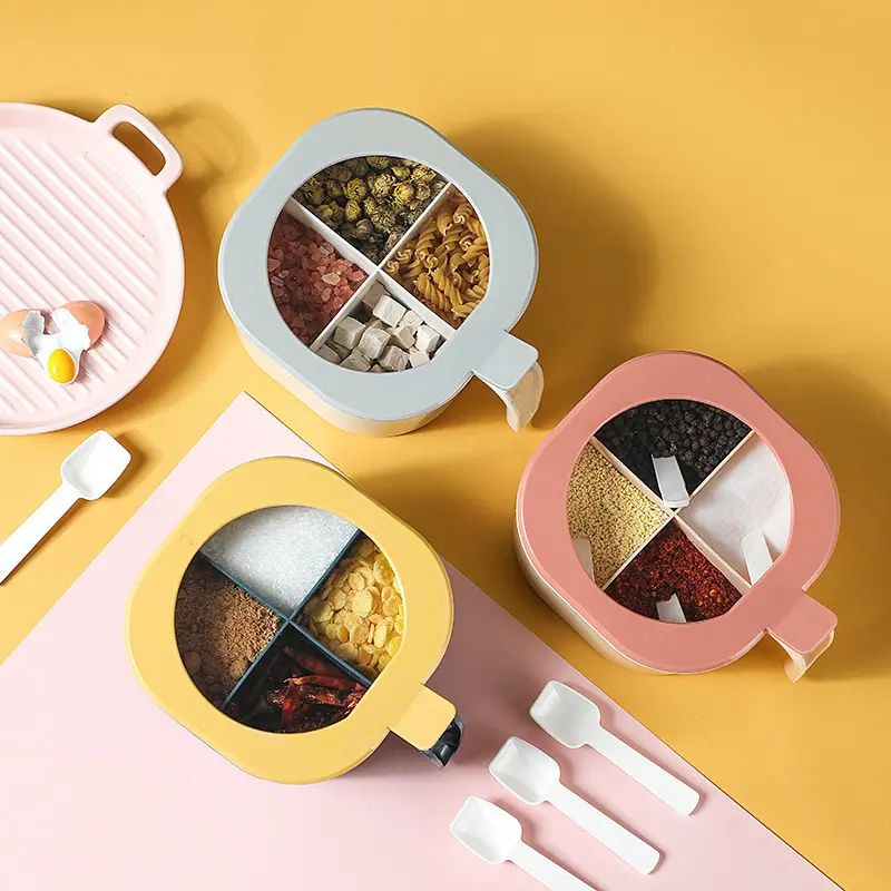 AUNONT Kitchen 4-Grid Integrated Seasoning Box with Spoon Lid Multi-Grid Storage Clearanced Seasoning Tank