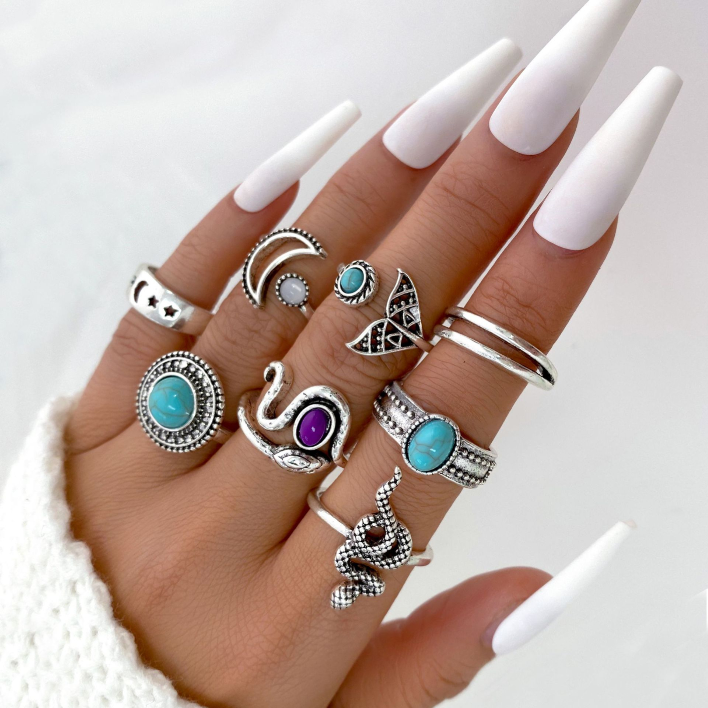 5623401 8Pcs/Set Vintage Snake Rings Set Hiphop Moon Fish Rings for Women Punk Silver Plated Heart Flower Butterfly Spider Ring New
