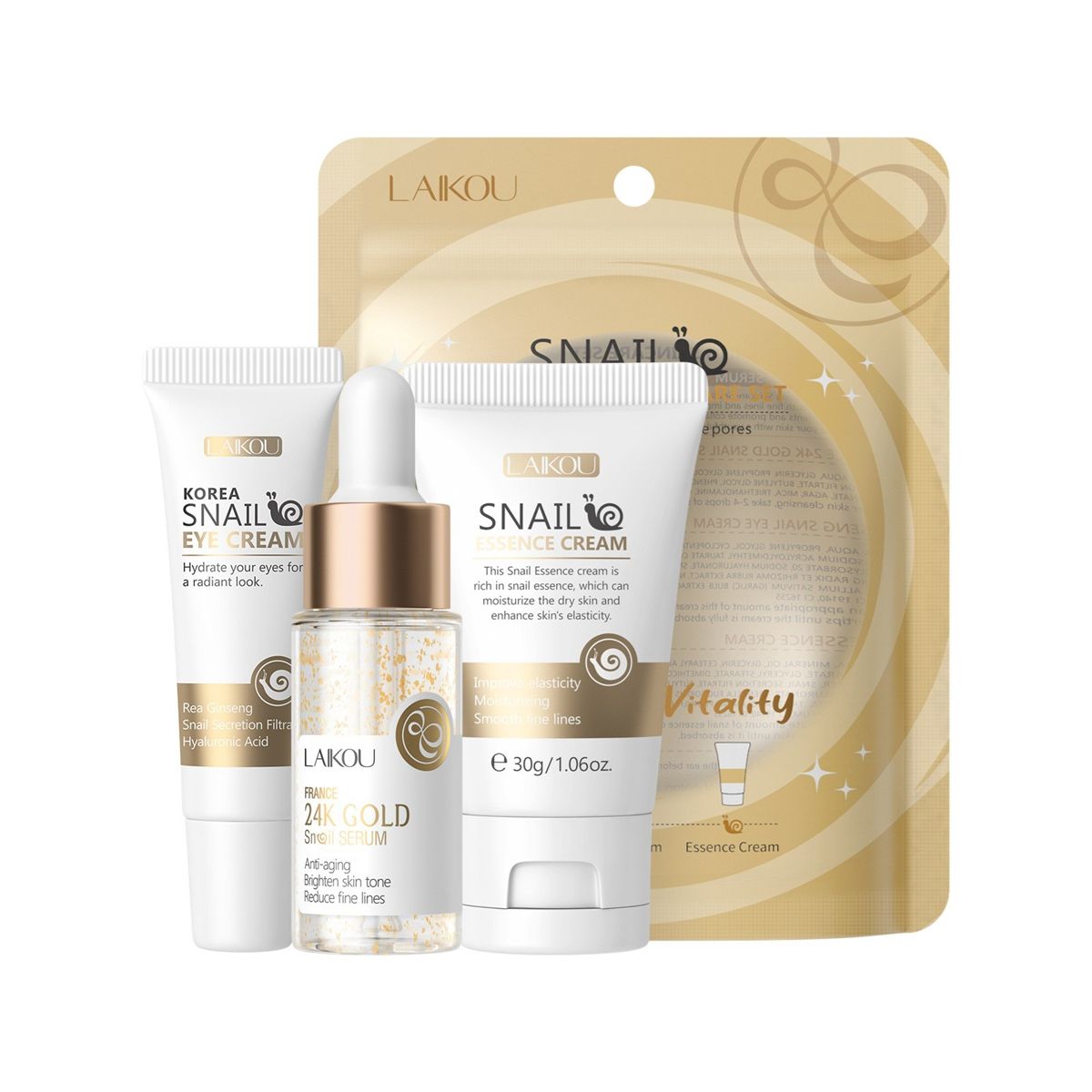 LAIKOU Snail Revitalizing Skincare Set - Essence, Eye Cream, Face Cream - Hydrating, Moisturizing, Improving Elasticity, Reducing Fine Lines, 24K Gold Vitality Skin, Hot Selling in Cross-border E-commerce