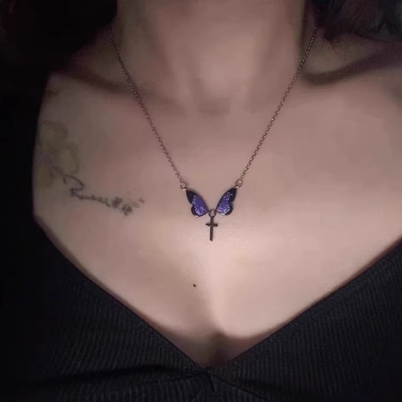 Necklace ,Gradient Butterfly Wings Cross Necklace, Advanced clavicle chain,women ,girl,necklace