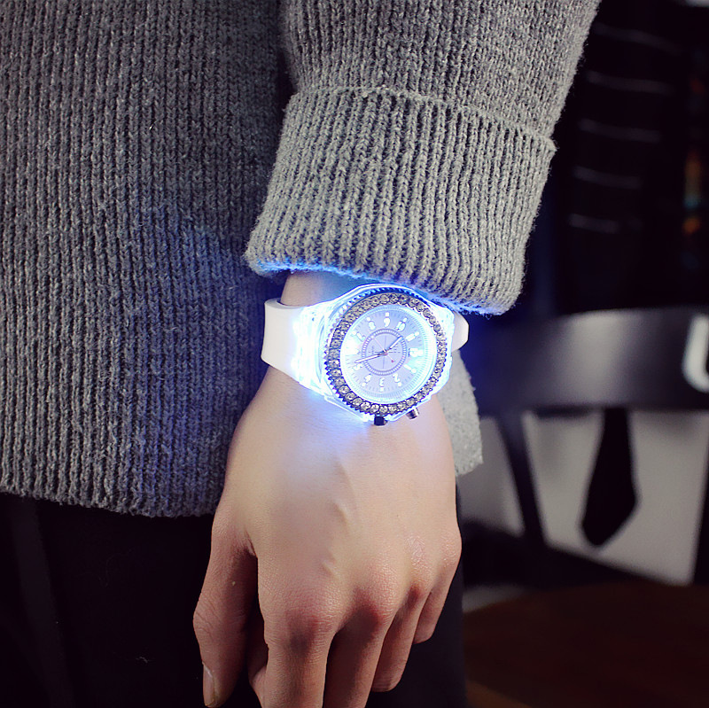 B-7 Silicone Rhinestone Detail Bling Women Men Watch LED Luminous Colorful Lights Sport Watches Girls Boys