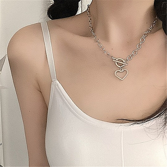 51308 Gold Silver Heart Pendants Necklaces Collar Vintage Chunky Chain Necklace for Women Fashion Jewelry Best Friend Gift