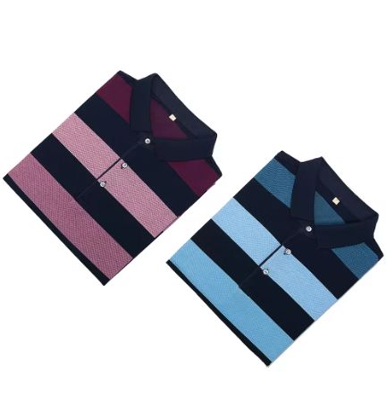  Brand T Shirt Men Clothing  New Striped Print T-Shirt Male Fashion Turn-Down Collar Short Sleeve Business Men Clothes