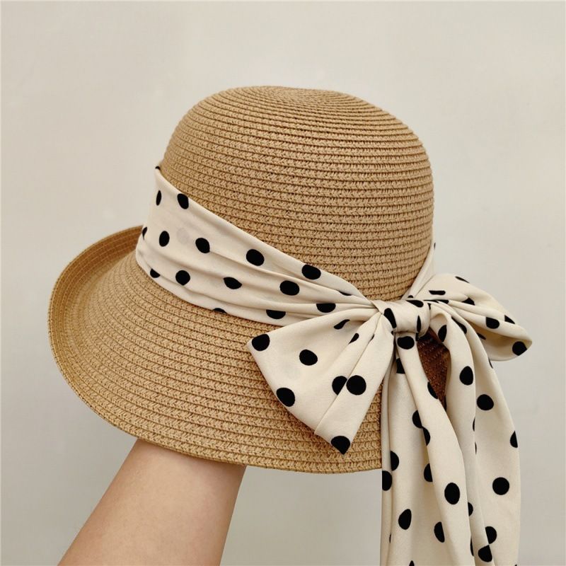 Women's Summer Straw Sun Hat with Polka Dot Bow, UPF 50+ Wide Brim Beach Hat, Breathable Foldable Bucket Hat for Travel, 4 Colors Available