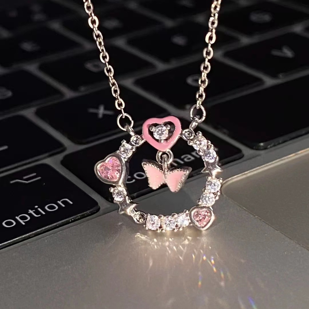 X63 Lady Romantic Pink Butterfly Pendant Necklace Heart Shaped Diamond Ring Collarbone Chain Valentine's Day Gift Jewelry