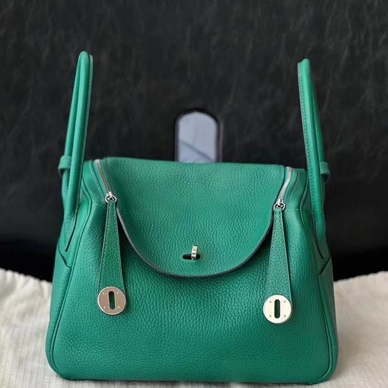 100% Genuine Leather Hermes Lindy25 Velvet Green Togo Leather Handbag Durable And Fashionable Ladies Bag    