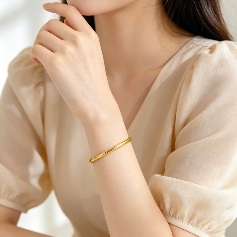 Gold Plated Stainless Steel 4mm Smooth Plain Polished Bangle For Women Men, Minimalist Classic Solid Round Wrist Cuff, Ins Viral Vintage Daily Casual Stackable Fashion Hand Jewelry, Anti-Tarnish Waterproof Sweat Resistant Skin Friendly
