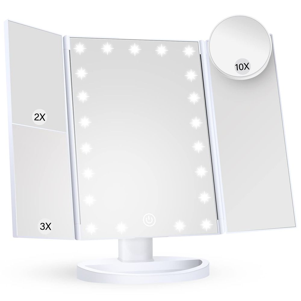 Makeup Mirror Vanity Mirror with Lights, 2X, 3X, 10X Magnification, Touch Control, Trifold, White, 9.4"L x 13.4"W, Modern Style, Dresser Mount, Bathroom