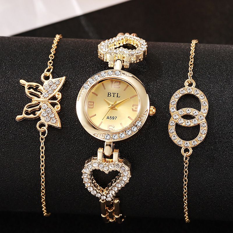 Elegant Ladies Small Face Quartz Wrist Watch Set, Shiny Rhinestone‑Embellished Bracelet‑Style Wristwatch, Complete Jewelry Kit Suitable for Casual Outfit, Party Occasion, Birthday and Holiday Present for Women.
