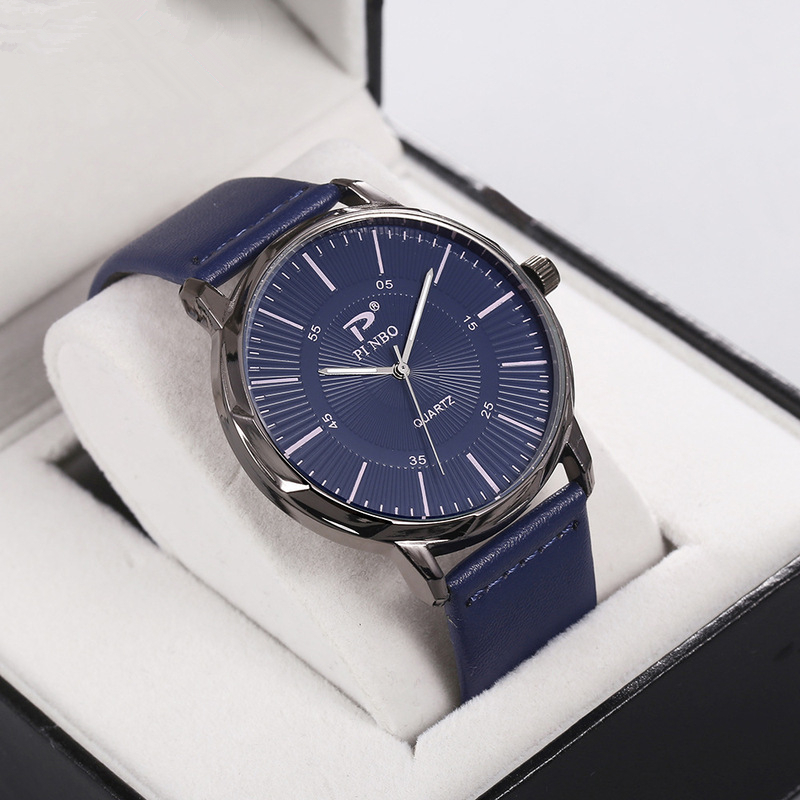 PD577 Men's Fashion Minimalist Leather Band Sun Dial Stainless Steel Analog Quartz Chronograph Watch