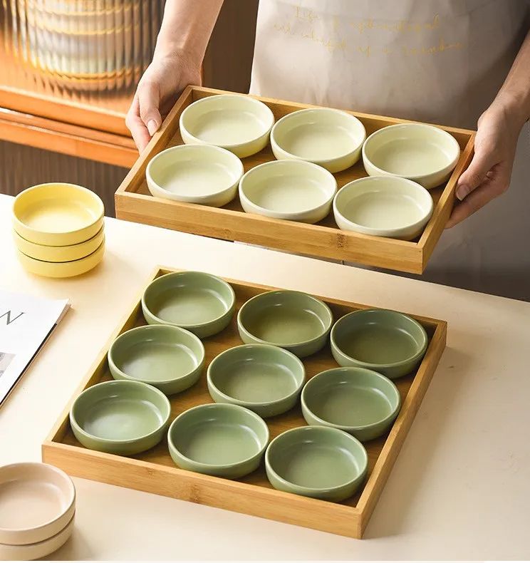 Nordic Compartment ceramic dish round dip bowl set with bamboo tray for sauce appetizer ramekins snack TC-044