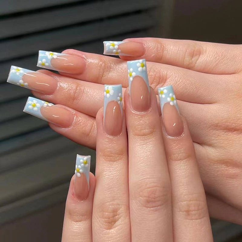 JP1742 24 Pcs Glossy Press on Nails, Medium Coffin French Blue-rimmed Flowers Fake Nails, Acrylics Full Cover False Nails for Women and Girls
