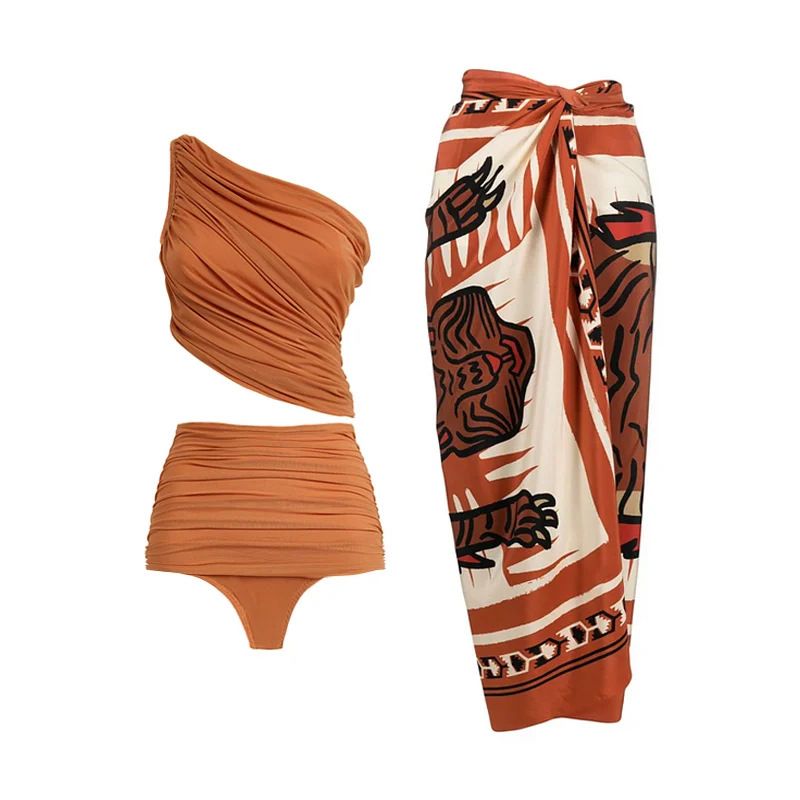 Ruched Two Piece Swimsuit with Cover Ups Women Push Up Two Pieces Bathing Suit Sexy Bikini Set Wrap Skirt Swimwear Sarong
