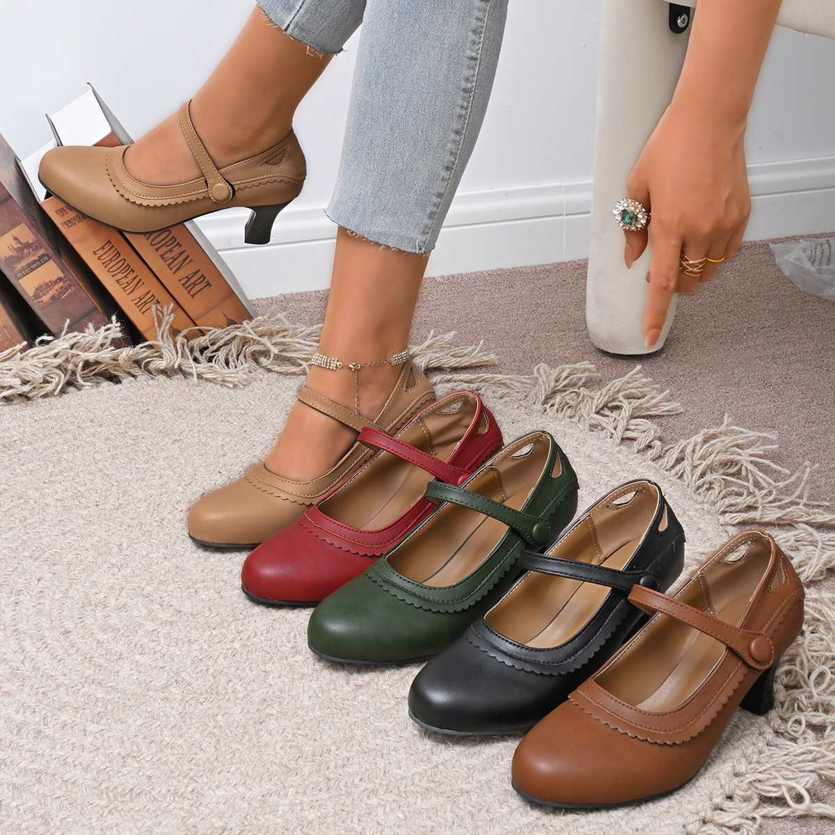 High-heeled and plus-size women's shoes for cross-border trade 2025, retro round toe one-button single shoes for women with thick heels, Mary Jane women's shoes