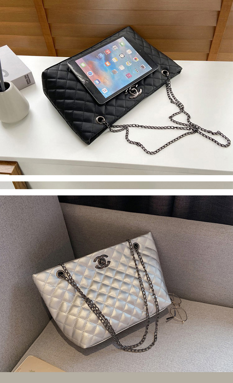 CHG-Ladies bags Tote bags Metal chain women's bags Lady single shoulder bags &amp; Zipper handbag (large zipper bag) (Black / Silver)