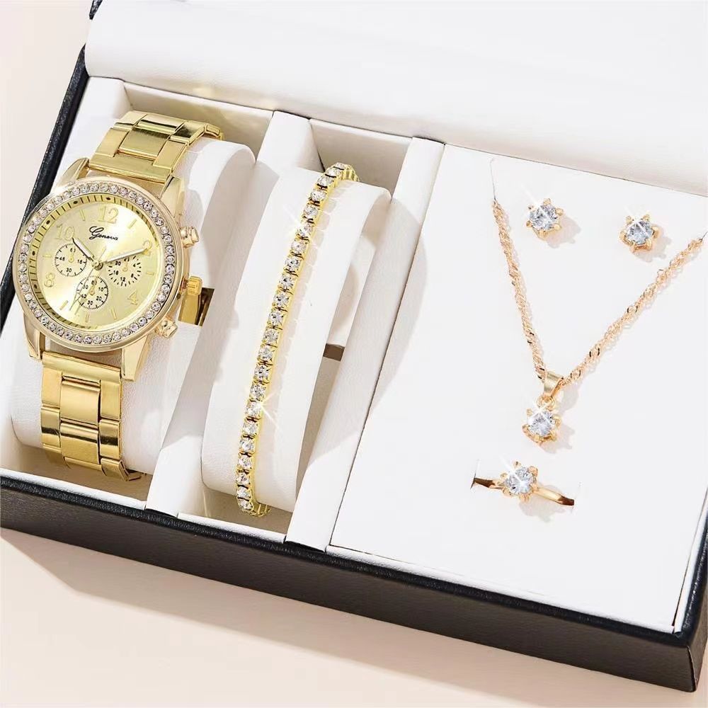 6PCS Set Luxury Watch Women Ring Necklace Earring Rhinestone Fashion Wristwatch Casual Ladies Watches Bracelet Set Clock
