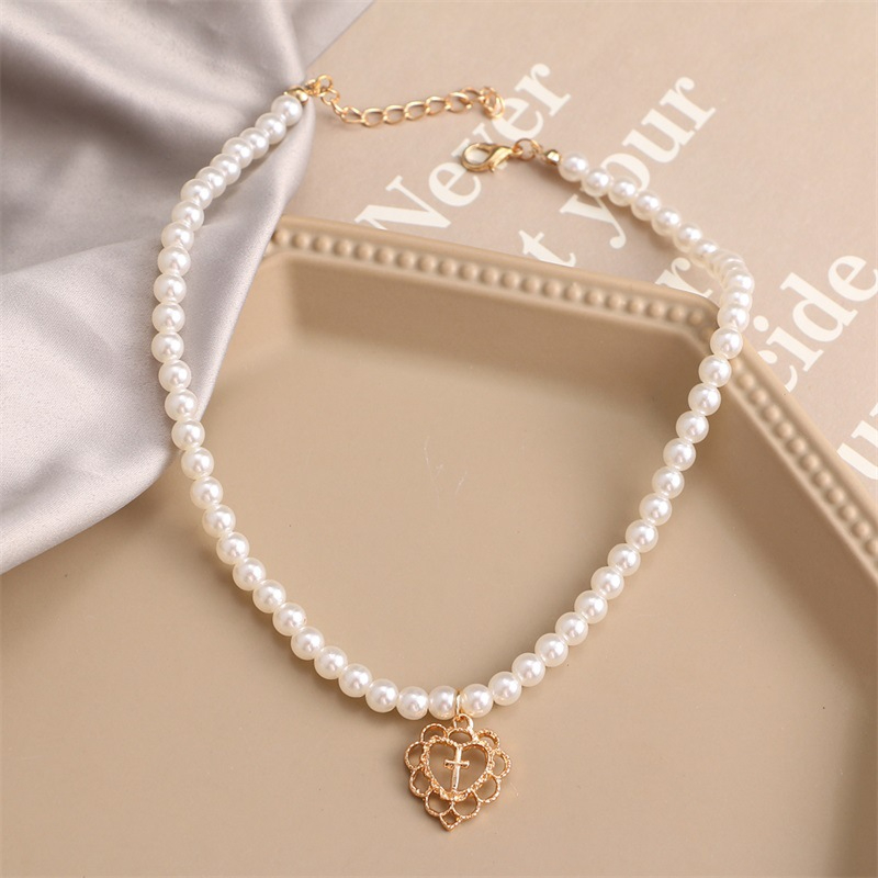 retro palace hollow love heart cross pendant pearl necklace