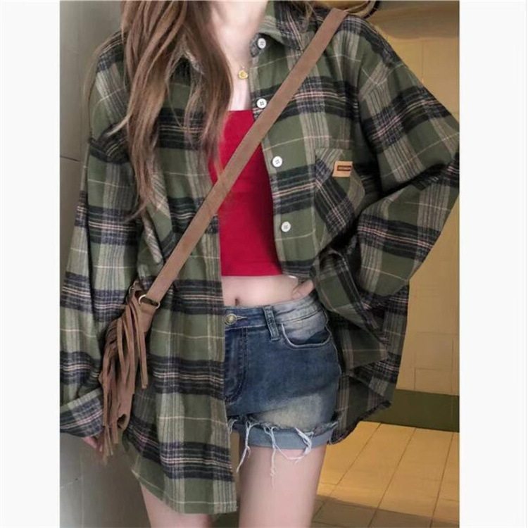 A141-20-2942 Women's Niche Green Plaid Shirt Casual Loose Coat