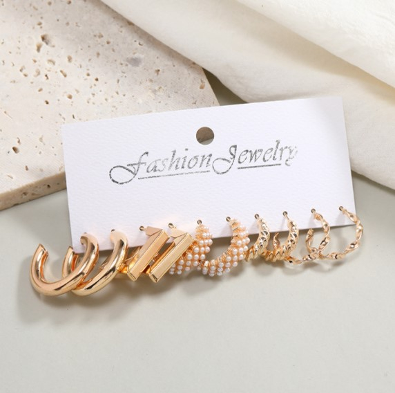 Cross border C-shaped Earrings creative simple metal ring Earring Set 5-piece set of vintage Pearl Earrings