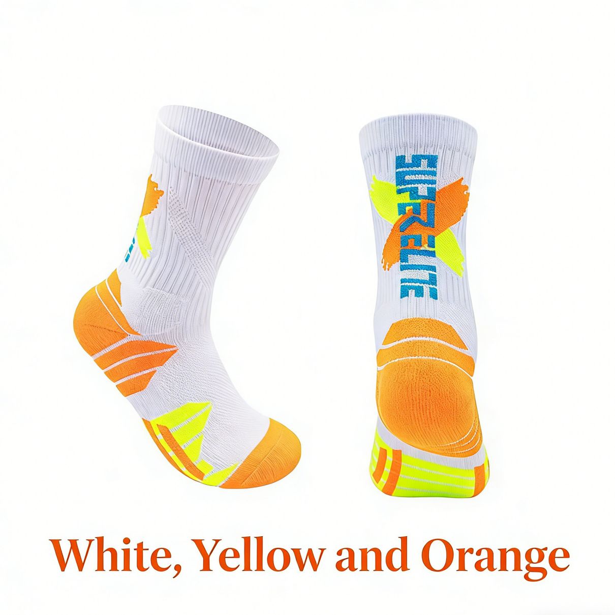 Men's High-Calf Marathon Running Socks, Professional Basketball Socks with Thickened Terry Sole, Cushioned Shock Absorption Athletic Socks for Running, Basketball, Training
White-Yellow-Orange