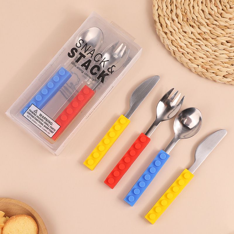 3-Piece Kids Cutlery Set, Stainless Steel Fork Spoon Knife with Silicone Building Block Handle, Safe Training Utensils for Toddlers Children Self-Feeding
