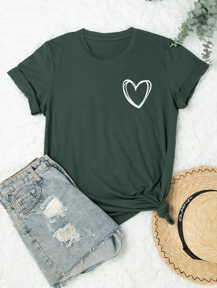 DX076# Women Heart Print Tee T-Shirt